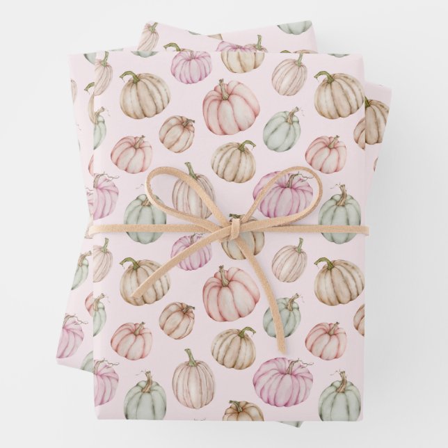 Fall Pink Pumpkins Wrapping Paper Sheets (In situ)