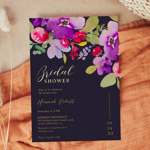 Fall pink purple floral watercolor bridal shower foil invitation