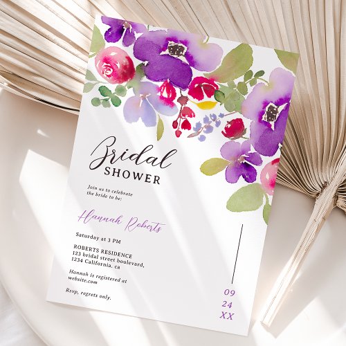 Fall pink purple floral watercolor bridal shower invitation