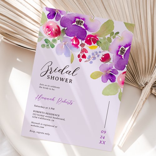 Fall pink purple floral watercolor bridal shower invitation