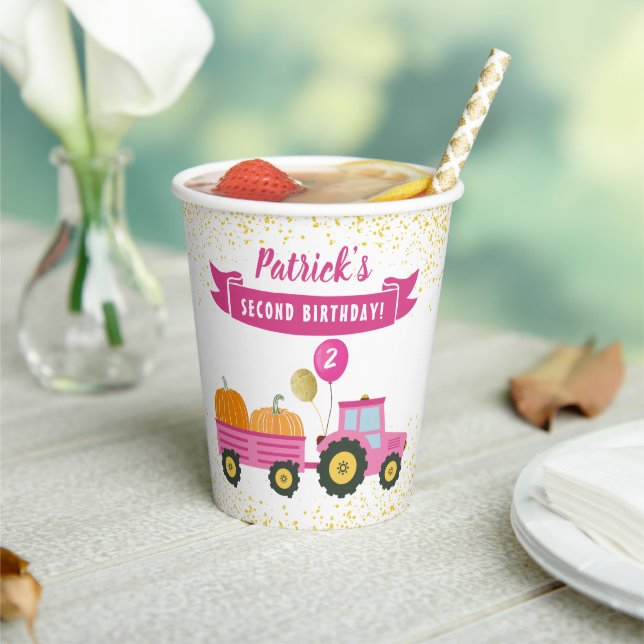 Fall Pink Tractor Pumpkin Autumn Birthday Party Paper Cups (Insitu)