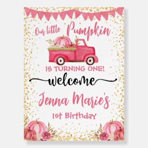 FALL PINK TRUCK PUMPKIN 1ST BIRTHDAY  FOAM BOARD