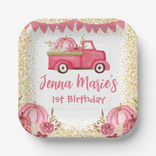 FALL PINK TRUCK PUMPKIN 1ST BIRTHDAY  PAPER PLATES