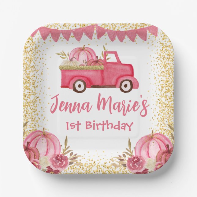 FALL PINK TRUCK PUMPKIN 1ST BIRTHDAY  PAPER PLATES (Front)