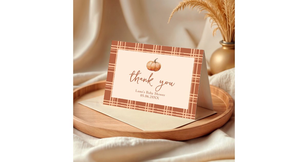 Fall Plaid A Little Pumpkin Baby Shower Folded Thank You Card | Zazzle