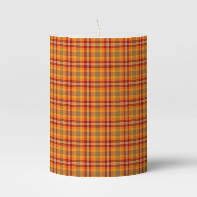 Fall Plaid Autumn Tartan Design Pillar Candle (Front)