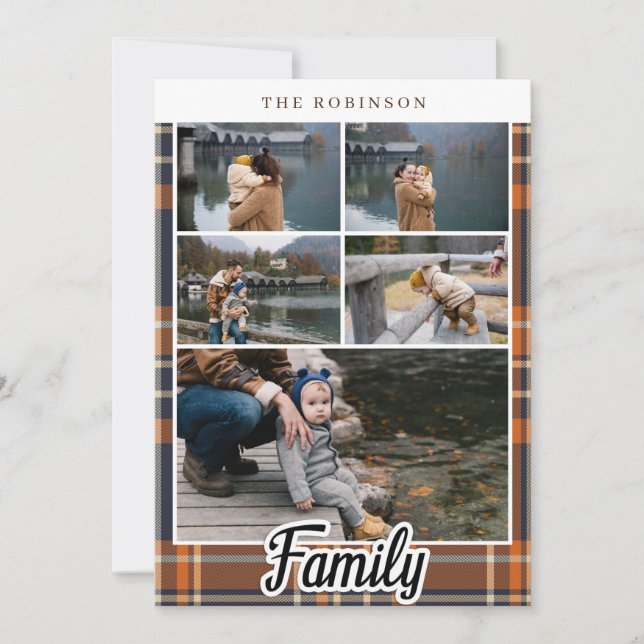 Fall Plaid Blue Orange Custom Family Name Photos Card (Front)