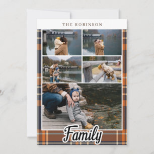 Fall Plaid Blue Orange Custom Family Name Photos Card
