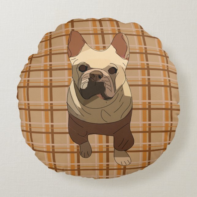 Fall Plaid French Bulldog Round Pillow (Front)