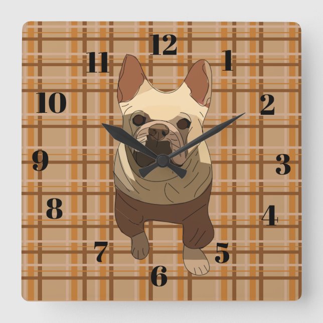 Fall Plaid French Bulldog Square Wall Clock (Front)