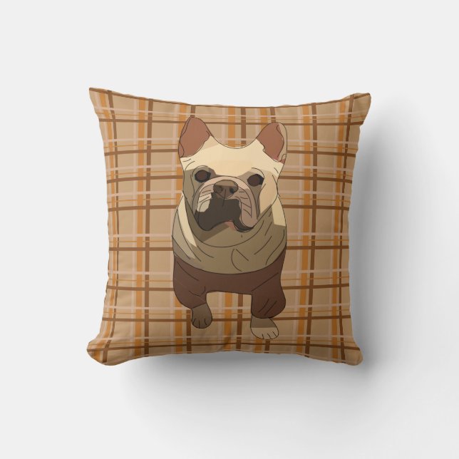 Fall Plaid French Bulldog Throw Pillow (Front)