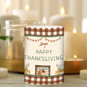 Fall Plaid Pumpkin Happy Thanksgiving Pillar Candle