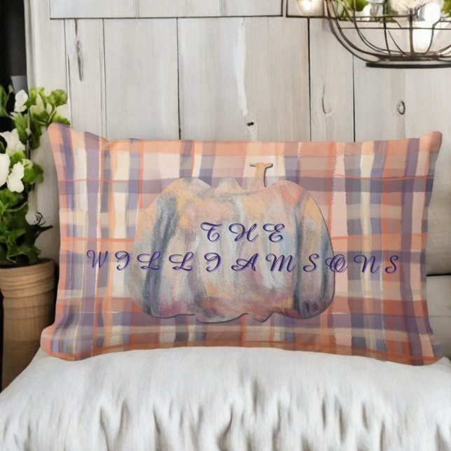 Fall plaid script pumpkin beige orange plum stripe lumbar pillow (Creator Uploaded)