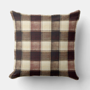 Fall Plaid Walnut Brown And Cranberry Cream Throw Pillow