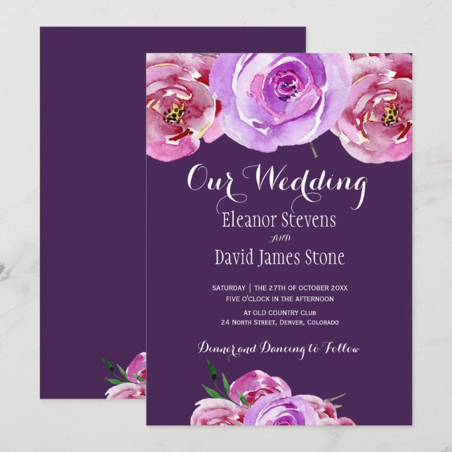 Fall plum blush pink lilac peonies chic wedding invitation (Front/Back)