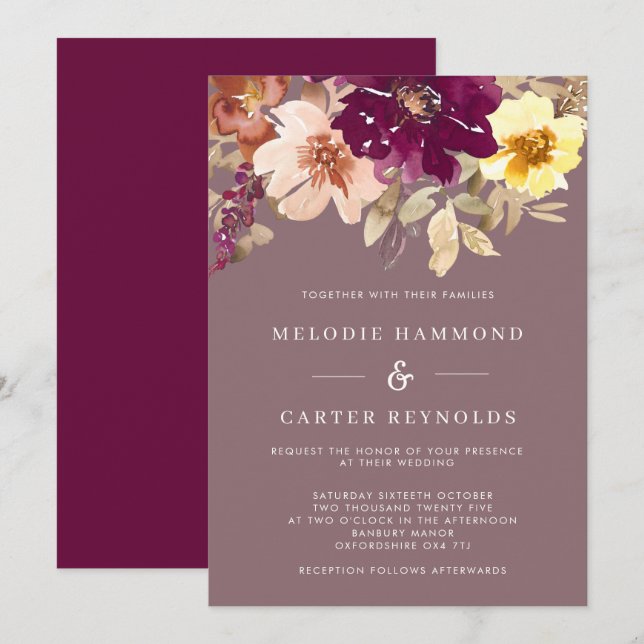 Fall Plum Watercolor Floral Wedding Invitation (Front/Back)