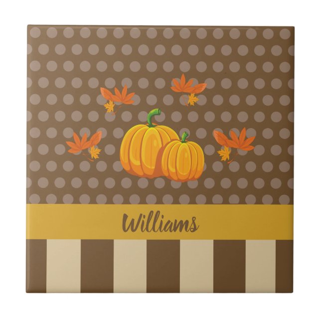 Fall Polka Dot Pumpkin with Family Name Ceramic Tile (Front)
