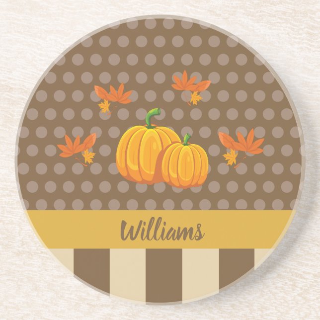 Fall Polka Dot Pumpkin with Family Name Coaster (Front)