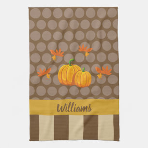 Fall Polka Dot Pumpkin with Family Name Kitchen Towel