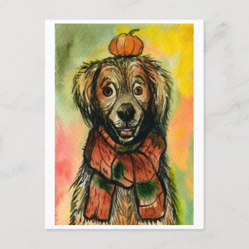 Fall Postcard Dog with a Pumpkin Autumn Postcard