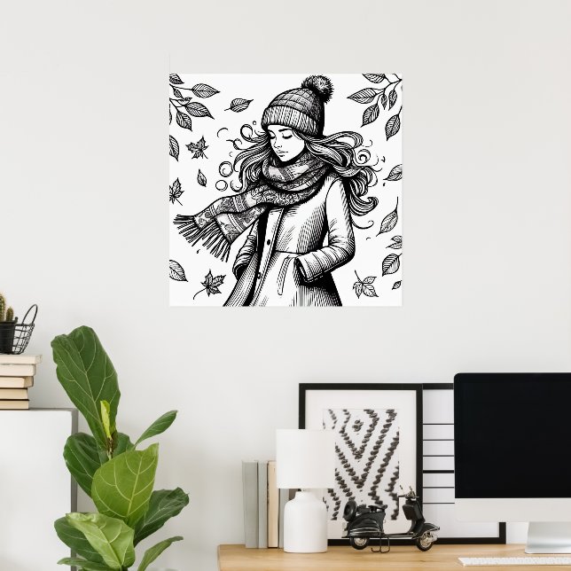 Fall Poster Girl Coloring Page  (Home Office)
