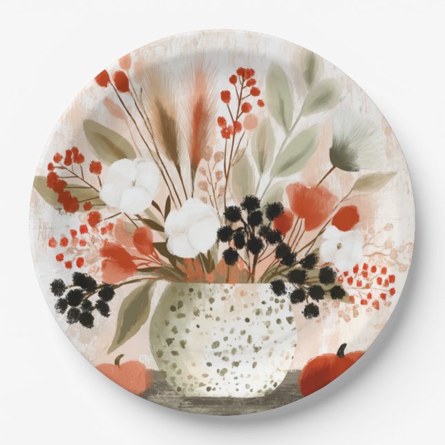 Fall Posy and Rust Speckled Pot Paper Plates (Front)