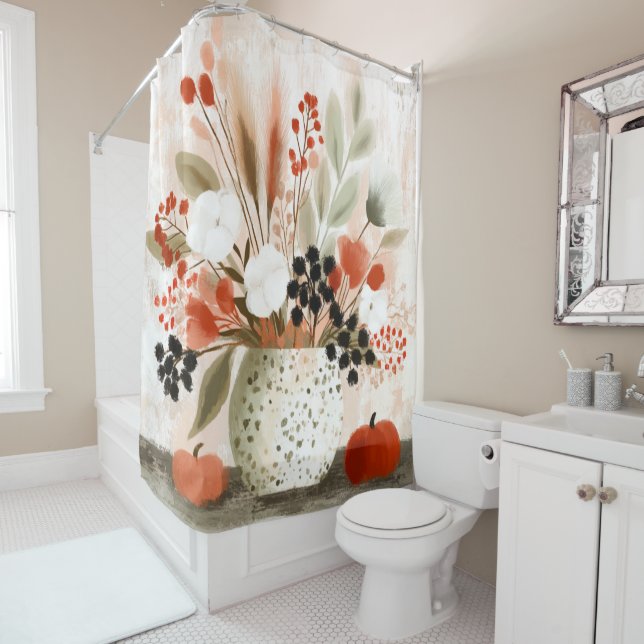 Fall Posy and Rust Speckled Pot Shower Curtain (In Situ)