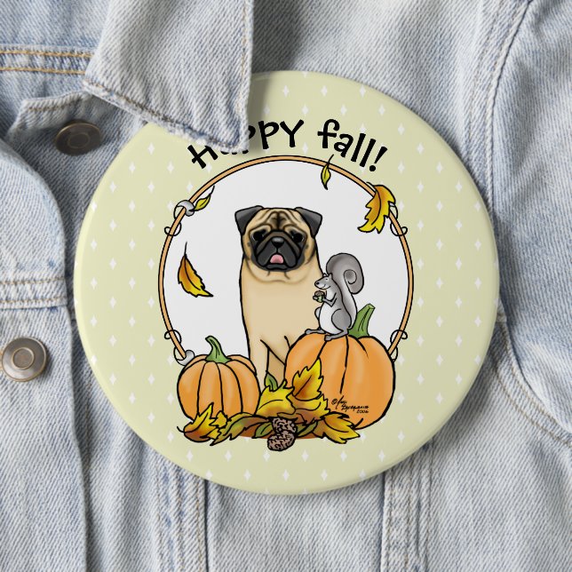 Fall Pug Dog (fawn) Pumpkins Leaves Cute Button (In Situ)