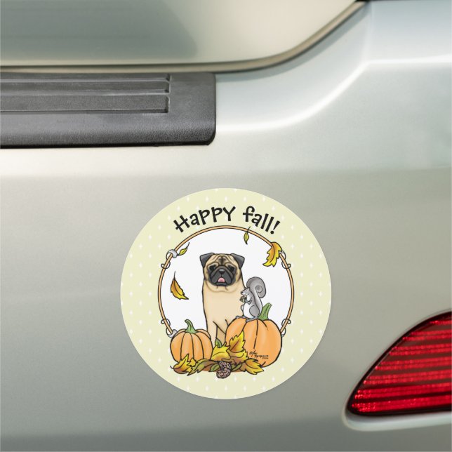 Fall Pug Dog (fawn) Pumpkins Leaves Cute Car Magnet (In Situ)