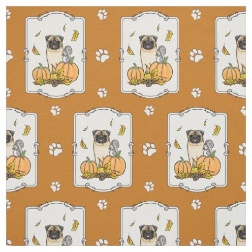 Fall Pug Dog (fawn) Pumpkins Leaves Cute Fabric