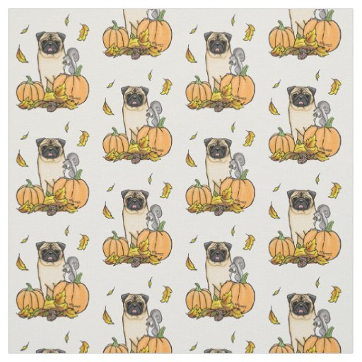 Fall Pug Dog (fawn) Pumpkins Leaves Cute Fabric