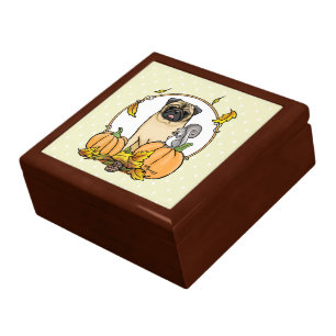 Fall Pug Dog (fawn) Pumpkins Leaves Cute Gift Box