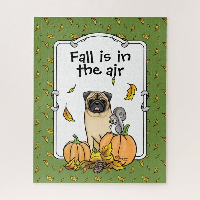 Fall Pug Dog (fawn) Pumpkins Leaves Cute Jigsaw Puzzle (Vertical)
