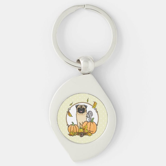 Fall Pug Dog (fawn) Pumpkins Leaves Cute Keychain (Front)