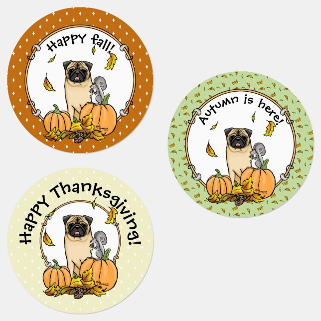 Fall Pug Dog (fawn) Pumpkins Leaves Cute Labels (Group)