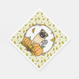 Fall Pug Dog (fawn) Pumpkins Leaves Cute Napkins