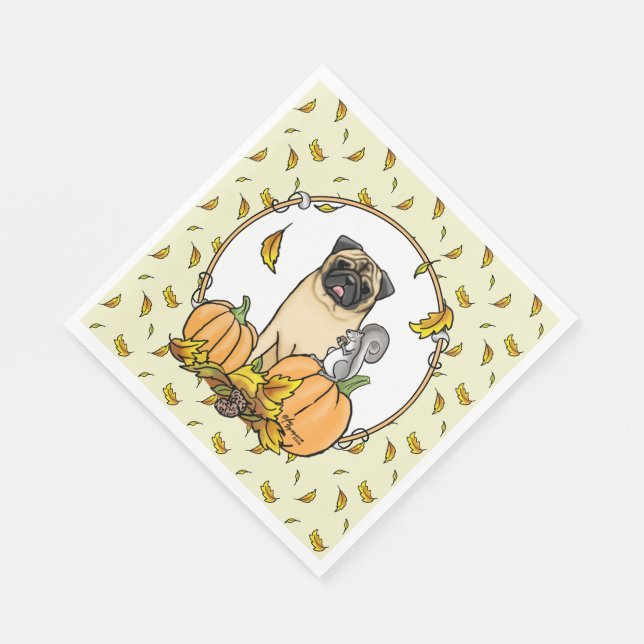 Fall Pug Dog (fawn) Pumpkins Leaves Cute Napkins (Corner)