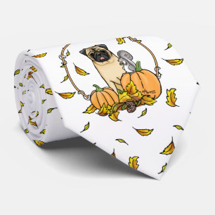 Fall Pug Dog (fawn) Pumpkins Leaves Cute Neck Tie