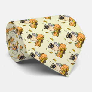 Fall Pug Dog (fawn) Pumpkins Leaves Cute Neck Tie