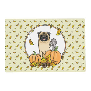 Fall Pug Dog (fawn) Pumpkins Leaves Cute Placemat