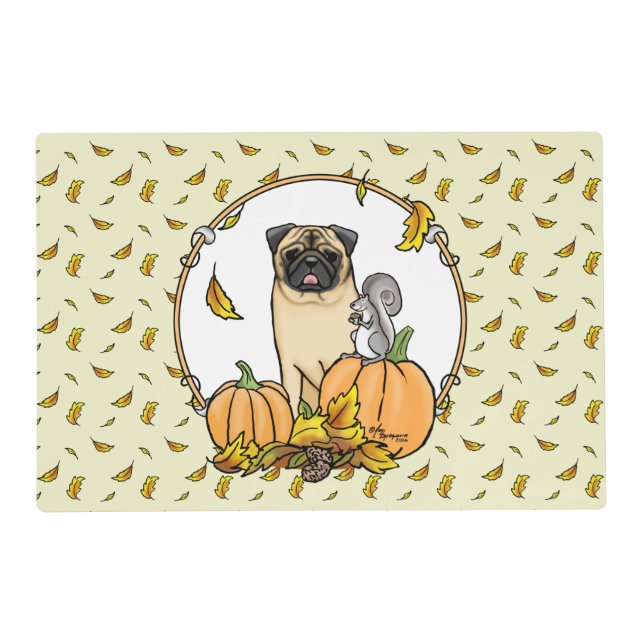 Fall Pug Dog (fawn) Pumpkins Leaves Cute Placemat (Front)