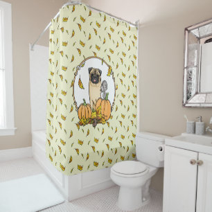 Fall Pug Dog (fawn) Pumpkins Leaves Cute Shower Curtain