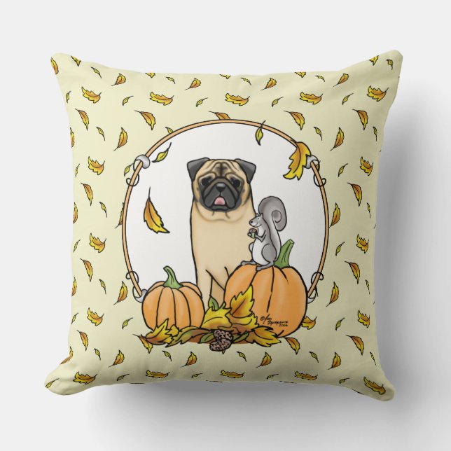 Fall Pug Dog (fawn) Pumpkins Leaves Cute Throw Pillow (Front)