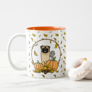 Fall Pug Dog (fawn) Pumpkins Leaves Cute Two-Tone Coffee Mug