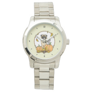 Fall Pug Dog (fawn) Pumpkins Leaves Cute Watch