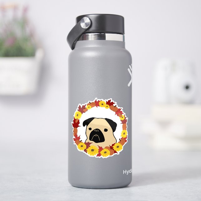 Fall Pug with Leaves, Pumpkins, and Sunflowers Sticker (HydroFlask)