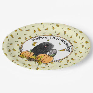 Fall Puli Dog (black) Pumpkins Leaves Cute Funny Paper Plates