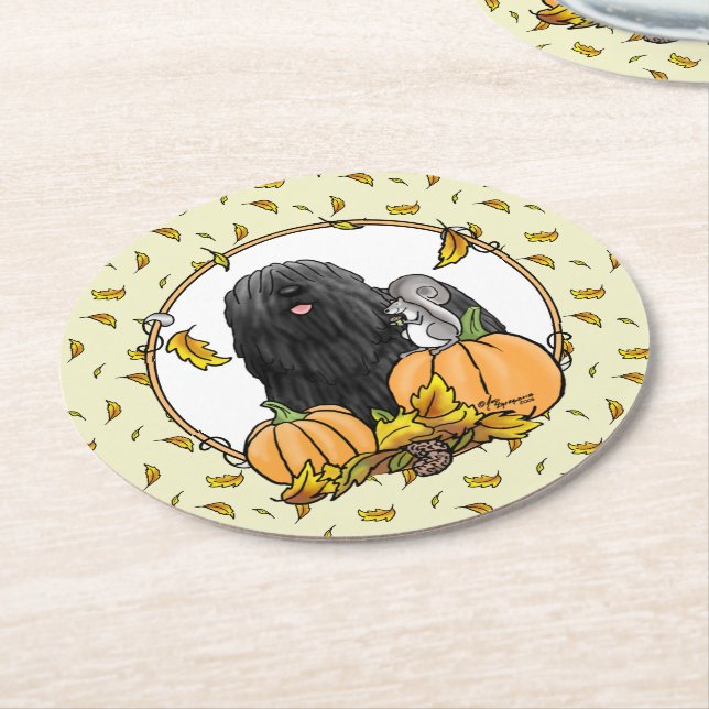 Fall Puli Dog (black) Pumpkins Leaves Cute Funny Round Paper Coaster (Angled)