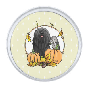 Fall Puli Dog (black) Pumpkins Leaves Cute Funny Silver Finish Lapel Pin