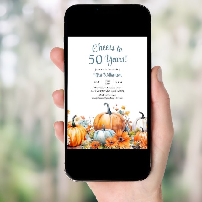Fall Pumpkin 50th Birthday Cheers to 50 Years Invitation (Front Digital)